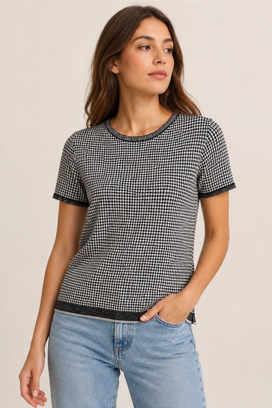 Alice + Olivia Employed Black & White Houndstooth Knit Top Size Large